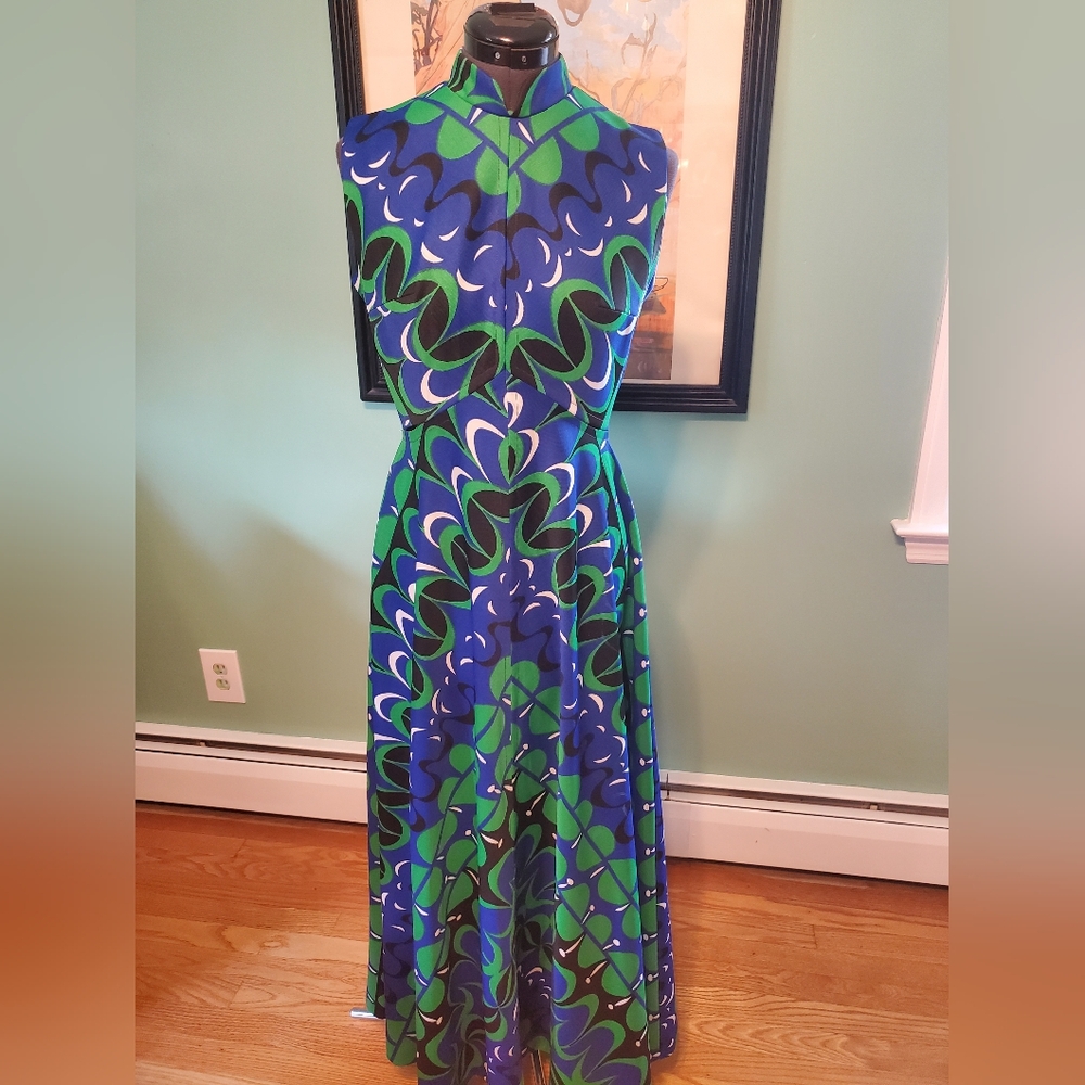 Vintage Blue and Green Patterned Maxi Dress